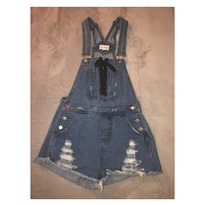 Women’s Ripped Denim Overall Shorts